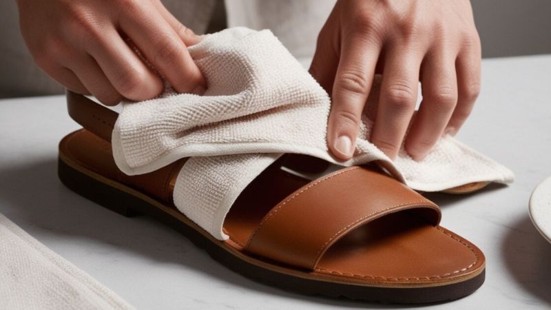 Lau sạch phần đế dép và bề mặt tiếp xúc bị bung bằng khăn ẩm, sau đó lau sạch bằng khăn khô.